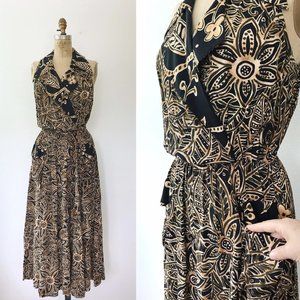 80s VINTAGE HALTER FLORAL RAYON DRESS MEDIUM POCKETS!